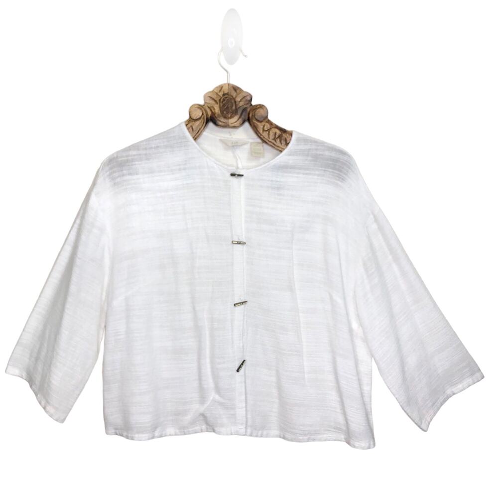 J. Jill Blouse White Button Up Toggle Boho Long Sleeve Linen Blend Small PETITE